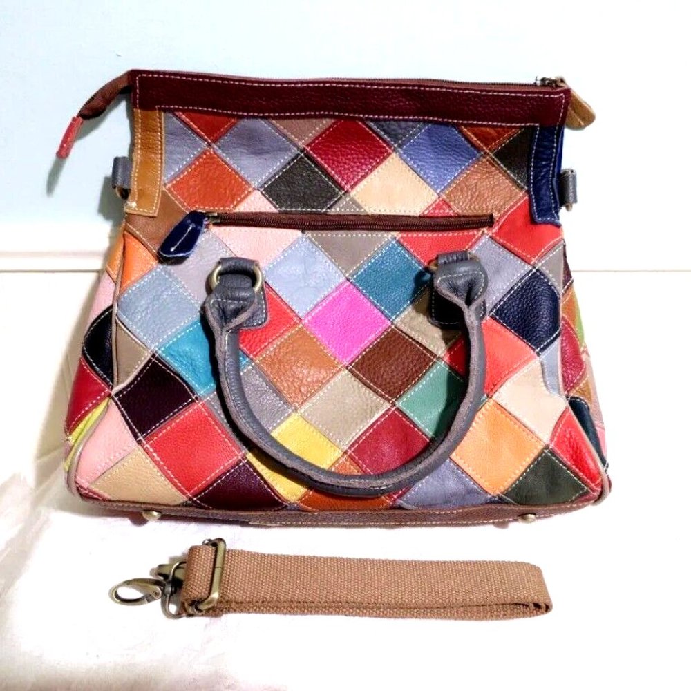 NEW BOHO 100% Leather COLORFUL Patchwork Satchel Purse Hand Bag Crossbody Strap